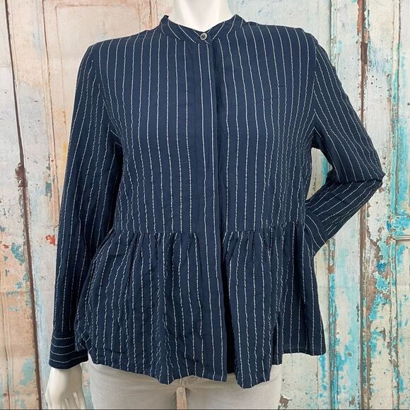 CASLON Navy & White Striped Peplum Collarless Button Down Shirt - Picture 1 of 8